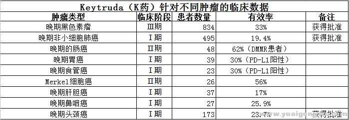 K药对不同肿瘤有效率